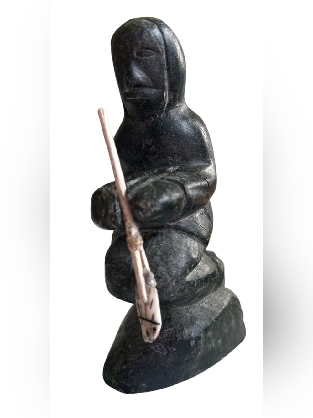 Inuit Canadian soapstone fisherman carving with harpoon ,signed by carver Tumasi